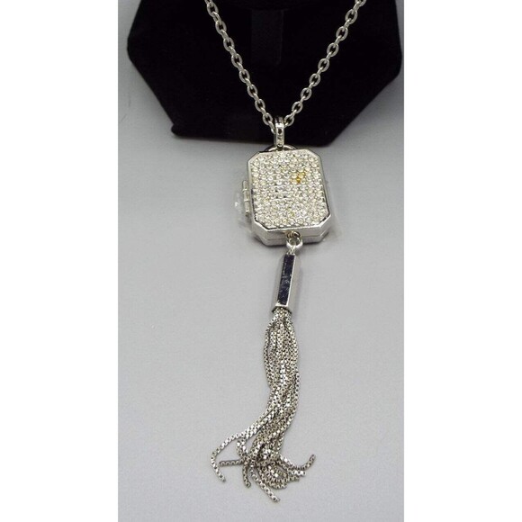 Chico's Silvertone Miracles Locket Crystal Jeweled Long 32" Rolo Chain Necklace - Picture 3 of 13